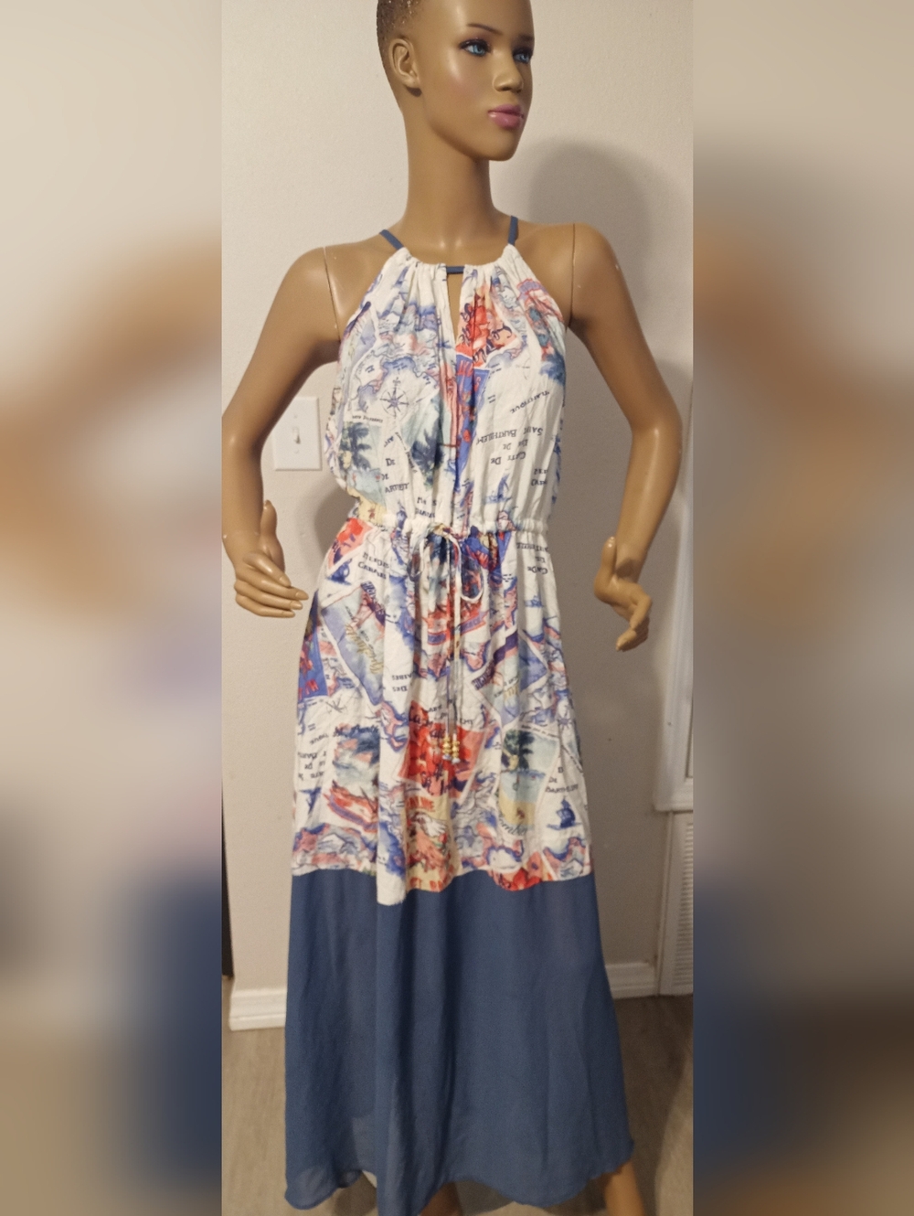 Peter Som White Printed Halter Maxi with Blue Hem